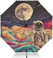 [PDZRMY] Waves Colorful Astronaut UV Protection Travel Umbrella Compact for Rain and Sun - Auto Open and Close UPF 50+ Windproof Portable 46” Sun Umbrella for Women and Men