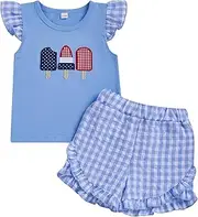 [KtwHarnu] 4th of July Toddler Baby Girl Clothes Popsicle Embroidery Flutter Sleeve T-Shirt and Plaid Ruffle Shorts 2Pcs Set