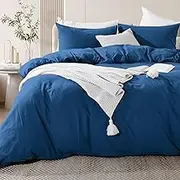 NEXHOME PRO Duvet Cover Set 100% Washed Cotton Full Size Linen Feel Textured Organic Natural 3 Pieces Bedding Set with Zipper Closure and Corner Ties, Breathable and Soft (Blue, No Comforter)
