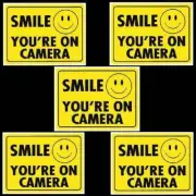 HOME SECURITY SMILE VIDEO CAMERAS ARE IN USE WARNING WINDOW STICKER DECALS SIGN