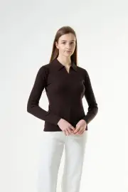 Merinosnug Ribbed Collared Long Sleeve Top – 100% Wool, Coffee / XS