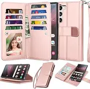 [NJJEX] Galaxy S23 Plus Case, For Samsung Wallet [9 Card Slots] PU Leather Holder Folio Flip [Detachable] Kickstand Magnetic Phone Cover & Lanyard for S23+ [Rose Gold]
