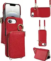 Furiet Wallet Case for iPhone 16e/SE 2025/SE 4 with Shoulder Strap Ring Buckle, Zipper Organ Purse, Credit Card Holder Stand Cell Phone Cover for i Phone16e i16e 16 e SE4 4th Generation 16eCase Red