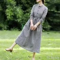 在飛比找momo購物網優惠-【ACheter】復古文藝格子棉麻連身裙收腰顯瘦長袖襯衫長版