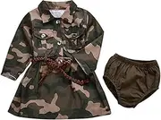 [IWOKA] Baby Girls Clothes Camouflage Long Sleeve Belt Skirts+ArmyGreen Shorts Baby Set