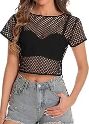 [CHICGAL] Womens Sheer Mesh Top Fishnet T Shirts Short Sleeve See Through Casual Crop Tops