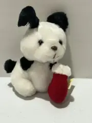VINTAGE CHRISTMAS RUSS PLUSH DOG CARRYING STOCKING MISTLETOE 5" NEW