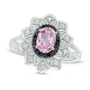 Oval Lab-Created Pink Sapphire and 0.10 CT. T.W. White and Enhanced Black Diamond Frame Ring in Sterling Silver