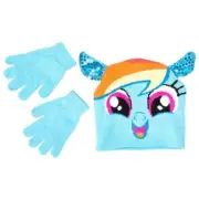 My Little Pony Rainbow Dash Girl Sequin Ears Winter Snow Beanie Hat Gloves Set
