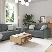 2 Piece Sofa Set with Cushions, Dark Grey Fabric, 2-Seater & 3-Seater Sofas, Comfortable Loveseat Couch Bed Futon for Small Spaces, Modern Convertible Furniture with Wide Armrests for Living Room