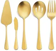 LIANYU 5-Piece Matte Gold Serving Utensils Set, Stainless Steel Serving Set Include Serving Spoon Fork, Flatware Serving Pieces for Buffet Catering, Satin Finish, Dishwasher Safe