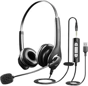 USB 3.5mm Corded PC Headset with Microphone Noise Cancelling, Lightweight Wired Headphones for Call Center, Online Conference, Computer, Office, Business, Webinar
