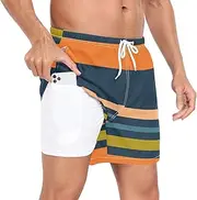 [GuoChe] Men's Swimming Trunks Mens Double Layer Workout Shorts Colorful Pastel Stripes Orange with Compression Liner and