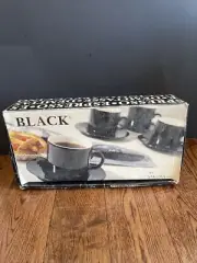 New In Box Sakura Set Of Four Black Espresso/Cappuccino Cups/Saucers! Pristine!