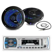 Pyle Bluetooth Marine Radio, 2x 6.5'' 150W Multicolor LED Black Speaker, Antenna