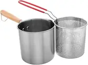 FONDOTIN Stainless Steel Frying Pan Oil Filter Heat-Resistant Wooden Handle Oil Saver Anti-Splatter Mini Frypot for Fish Chicken Seafood