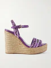 [Dolce & Gabbana] Dolce & Gabbana - Leather-trimmed Embroidered Canvas Platform Wedge Sandals - Purple - IT41 IT 41 Purple