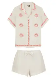 Desmond & Dempsey Helios Embroidered Linen Pyjama set - Cream XS (UK6 / XS)