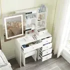 Dressing Table Desk & Stool w/ LED Lighted Makeup Mirror White Vanity Table Set