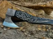 Custom Viking Hatchet Axe with Engraved Handle Handforged Carbon Steel Blade