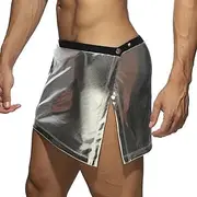 [GENEMEN] Mens Metallic Skirt Split Side Sexy Boxer Shorts Adjustable Waisted Sissy Skirt with Snap Button