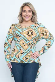 Womens Plus Size Teal and Gold High Low Top 3XL Long Sleeve