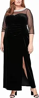 [Alex Evenings] Women's Plus Size Long Velvet Shift Mother of The Bride Dress with 3/4 Illusion Sleeves and Side Ruching