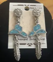 Vtg Pewter Native American Style Hat Feathers Turquoise Dangle Earrings EGC 93’