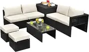 Costway 8 Piece Outdoor Patio Furniture Set, Outdoor Space-Saving PE Rattan Conversation Set with Storage Box, Tempered Glass Table (Off White)
