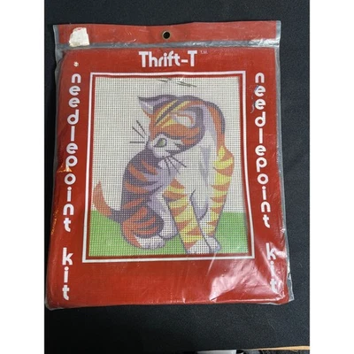 Vintage Cat Needle Point Kit, Thrift T Full Color Design on Cotton Canvas