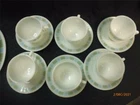 STUNNING PYREX WHITE GLASS J & J ENGLAND BLUE MATCHMAKER CUPS & SAUCERS X 6 RARE