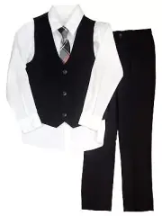 Boys 4 Piece Set White Button Down Shirt Black Vest & Pants Tie Outfit Set