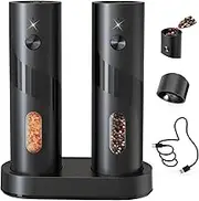CIRCLE JOY Electric Salt and Pepper Grinder Set with Rechargeable Base, Top Load Automatic Pepper Grinder Set, Adjustable Coarseness, Easy Filling 110ML Container with Led Light for Home Kitchen