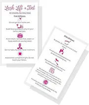 Lash Lift + Tint Aftercare Instruction Cards | 50 Pack | 2 x 3.5” inches Business Card Size | Eyelash Lift and Tint Kit at Home DIY aftercare Supplies | White with Pink Icon Design