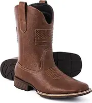 [Platikly] Cowboy Boots For Men - Mens Square Toe Western Boot With Flag, Faux Leather Booties, Botas Para Hombre Vaqueras Suitable For Concert, Daily, Wedding, Brown, 13