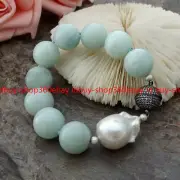Rare Huge 14mm Light Blue Amazonite Gemstone White Baroque Pearl Bracelet 7.5"