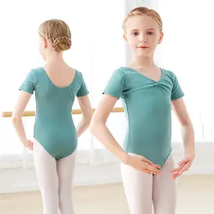 兒童舞蹈服短袖夏季女童連體芭蕾舞服裝練功服純棉形體衣考級服