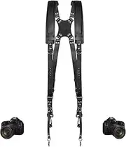 Dual Camera Strap, Adjustable Dual Shoulder Leather Camera Strap, Camera Harness for 2 Cameras, Double Camera Harness for DSLR/SLR, Dual Camera Harness for Photographers (Black)