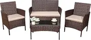 Devoko 4 Pieces Outdoor Patio Furniture Set, PE Rattan Wicker Chairs Balcony Lawn Porch Patio Furniture Sets with Beige Cushion and Table (Brown)