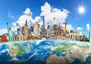 BELECO 5x3ft Fabric Around The World Travel Backdrop Global Travel World Map Photo Background Famous Landmark Earth Backdrop Home Decor Birthday Party Banner Kids Adult Portrait Photoshoot Props