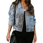 Nevenka Womens Distressed Denim Jacket Patchwork Print Ripped Outwear-LeopardPattern