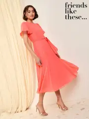 Friends Like These Coral Pink Angel Sleeve Chiffon Pleat Midi Dress (AR7408) | $106