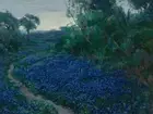 Field of Blue Flowers Landscape 18 x 24 in Rolled Canvas Print Vintage Painting