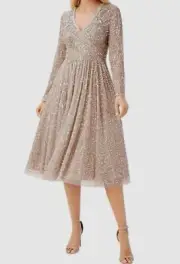 $495 Aidan by Aidan Mattox Women's Beige Beaded V-Neck Midi Dress Size Us 4