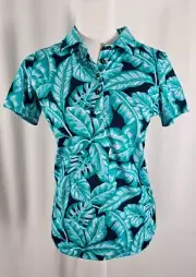 New Kenny Flowers Womens Golf Top Blues White Leaves Polyester Spandex Medium