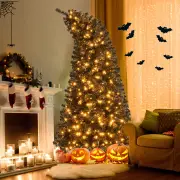 CostwayPre-Lit Black Artificial Christmas Bendable Top Tree with Bendable Top Section -2.1M