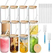 Drinking Glasses with Glass Straw 12pcs Set- MUVKQC 16 Oz Can Shaped Glass Cups Beer with Bamboo Lids and Straws,Ice Coffee Glasses Cute Tumbler Cup Great for Soda Boba Tea Cocktail