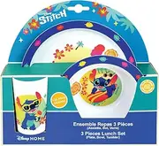 Lilo & Stitch Children's Tableware Set | 1 Glass, 1 Plate + 1 Bowl | Reusable & Microwave Safe | Official Disney Licensed Product | Fan Stitch | French Brand |