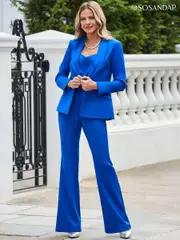 Sosandar Blue Button Detail Kick Flare Trousers (AK5334) | $88