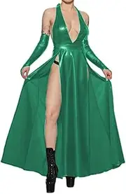 [EGEN] Sexy Halter Sleeveless High Split Slim Midi Dress PU Leather Dress with Gloves Slim Backless Long Dress Club Party Robe S-7XL (3X-Large,Green,3X-Large)